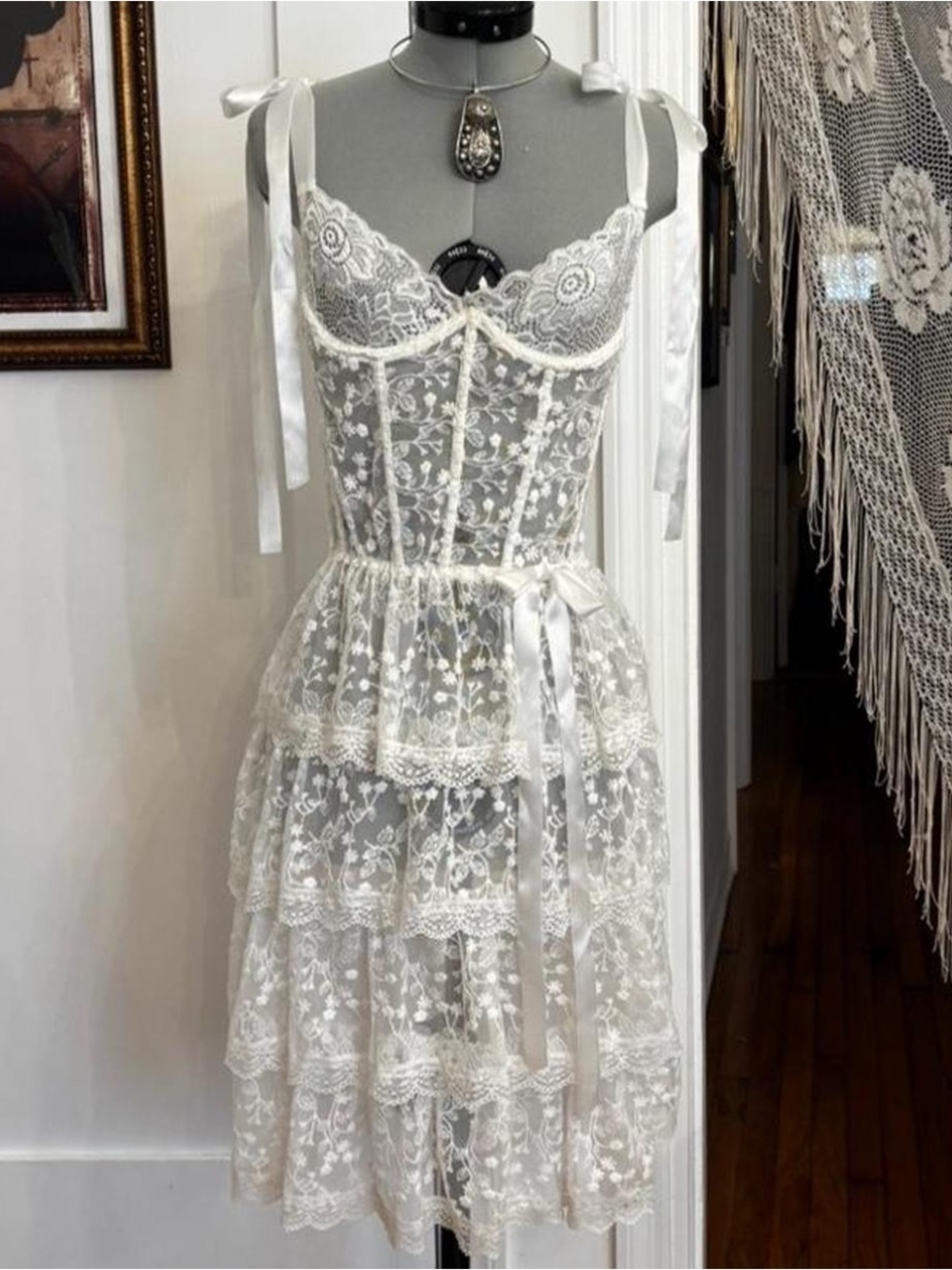White Lace Tiered Sundress with Ribbon Straps